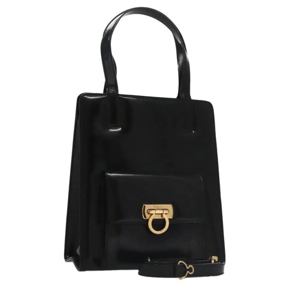 Salvatore Ferragamo Gancini Hand Bag Patent leather 2way Black Gold Auth 107230 - Picture 1 of 16
